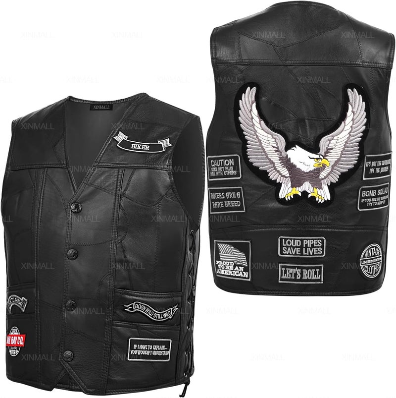 XINMALL Motorcycle Genuine Leather Biker Vest for Men Club Style Classic Black With Patches - Image 1